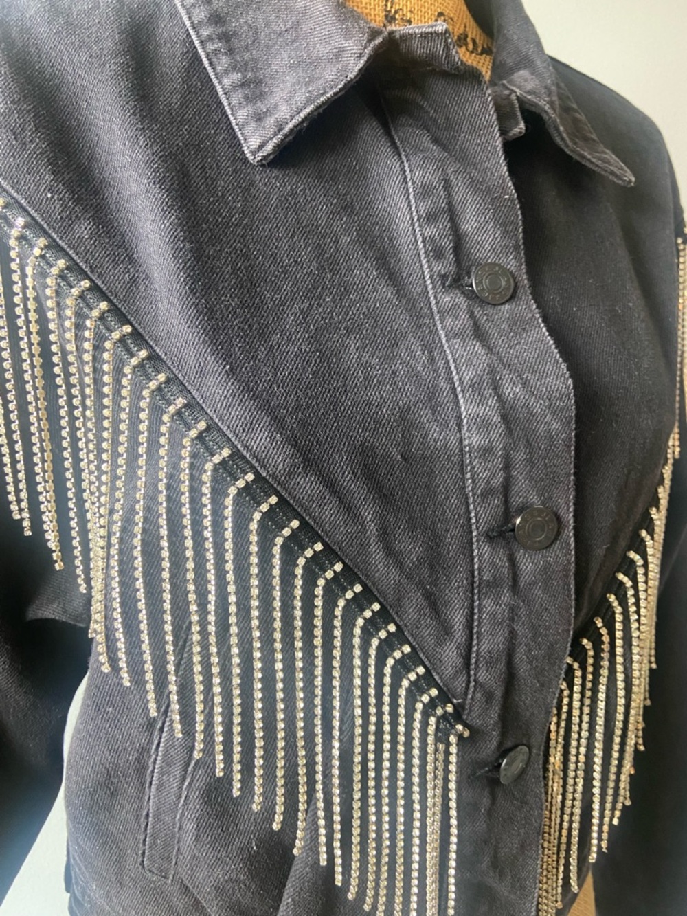 Blue B Sz M Washed Black Cropped Rhinestone Fringe Denim Jacket - Designer Style - Picture 4 of 15